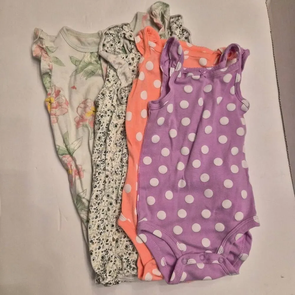 12 month Assorted girls baby Spring Summer outfits: Polka-dot,  Floral, Honeybee